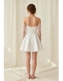 Short Satin Off-Shoulder Wedding Dress with Sheer Sleeves for Courthouse Ceremonies