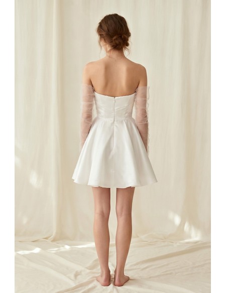 Short Satin Off-Shoulder Wedding Dress with Sheer Sleeves for Courthouse Ceremonies