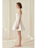 Short Satin Off-Shoulder Wedding Dress with Sheer Sleeves for Courthouse Ceremonies