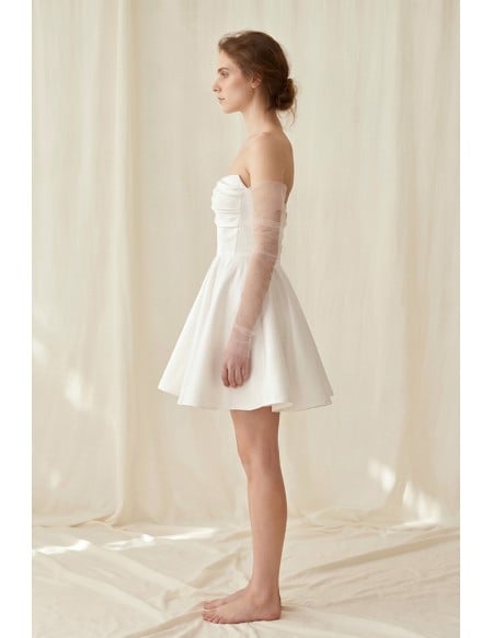 Short Satin Off-Shoulder Wedding Dress with Sheer Sleeves for Courthouse Ceremonies