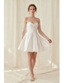 Short Satin Off-Shoulder Wedding Dress with Sheer Sleeves for Courthouse Ceremonies