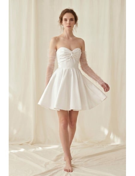 Short Satin Off-Shoulder Wedding Dress with Sheer Sleeves for Courthouse Ceremonies