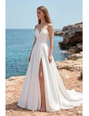 Minimalist Strapless Satin A-Line Wedding Dress with Slit for Modern Beach Ceremonies