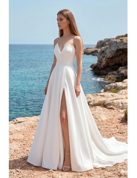 Minimalist Strapless Satin A-Line Wedding Dress with Slit for Modern Beach Ceremonies