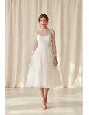 Tea-Length Lace Sleeve Tulle Wedding Dress for an Elegant Courthouse Ceremony