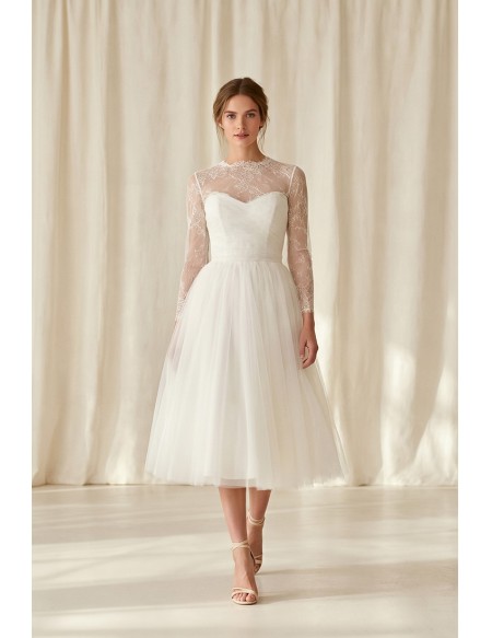 Tea-Length Lace Sleeve Tulle Wedding Dress for an Elegant Courthouse Ceremony