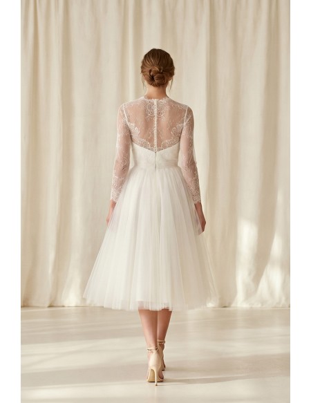 Tea-Length Lace Sleeve Tulle Wedding Dress for an Elegant Courthouse Ceremony