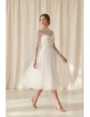 Tea-Length Lace Sleeve Tulle Wedding Dress for an Elegant Courthouse Ceremony
