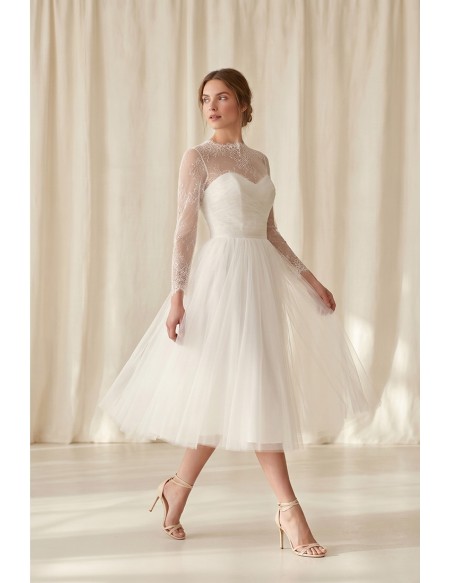 Tea-Length Lace Sleeve Tulle Wedding Dress for an Elegant Courthouse Ceremony