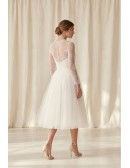 Tea-Length Lace Sleeve Tulle Wedding Dress for an Elegant Courthouse Ceremony