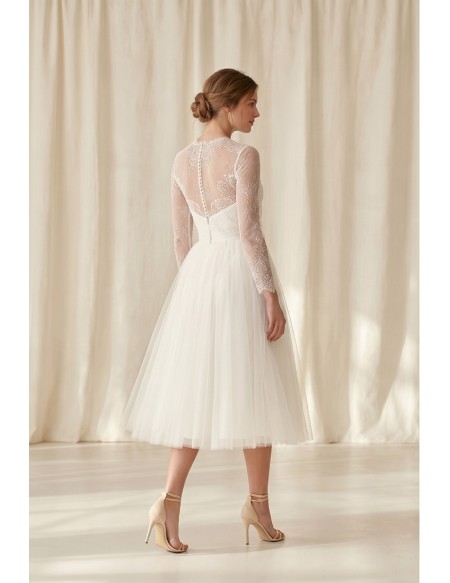 Tea-Length Lace Sleeve Tulle Wedding Dress for an Elegant Courthouse Ceremony