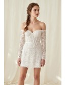 Off-Shoulder Lace Corset Mini Wedding Dress for Courthouse or Civil Ceremonies