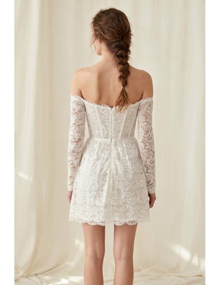 Off-Shoulder Lace Corset Mini Wedding Dress for Courthouse or Civil Ceremonies