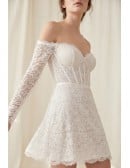 Off-Shoulder Lace Corset Mini Wedding Dress for Courthouse or Civil Ceremonies