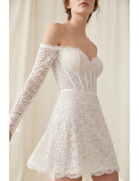 Off-Shoulder Lace Corset Mini Wedding Dress for Courthouse or Civil Ceremonies