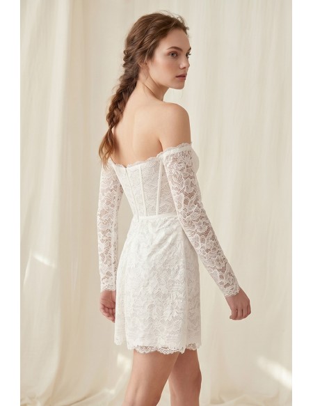 Off-Shoulder Lace Corset Mini Wedding Dress for Courthouse or Civil Ceremonies