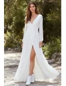 Long Sleeve Wrap Wedding Dress with Deep V Back and Slit for Outdoor Ceremonies