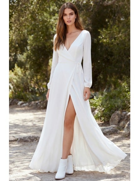 Long Sleeve Wrap Wedding Dress with Deep V Back and Slit for Outdoor Ceremonies