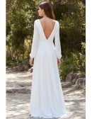 Long Sleeve Wrap Wedding Dress with Deep V Back and Slit for Outdoor Ceremonies