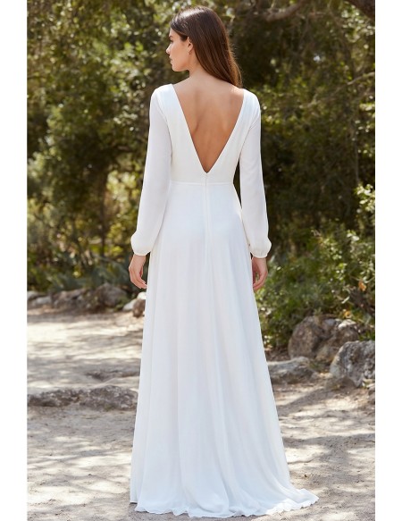 Long Sleeve Wrap Wedding Dress with Deep V Back and Slit for Outdoor Ceremonies