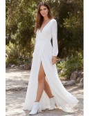 Long Sleeve Wrap Wedding Dress with Deep V Back and Slit for Outdoor Ceremonies