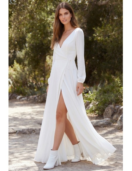 Long Sleeve Wrap Wedding Dress with Deep V Back and Slit for Outdoor Ceremonies