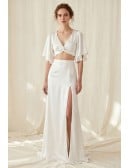 Satin Two-Piece Wedding Dress with Flutter Sleeves and Slit for Modern Beach Brides