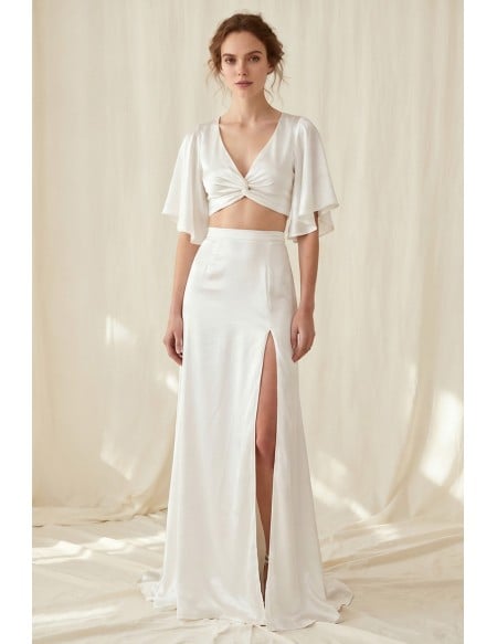 Satin Two-Piece Wedding Dress with Flutter Sleeves and Slit for Modern Beach Brides