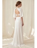 Satin Two-Piece Wedding Dress with Flutter Sleeves and Slit for Modern Beach Brides