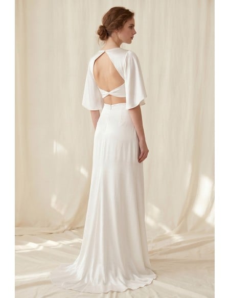 Satin Two-Piece Wedding Dress with Flutter Sleeves and Slit for Modern Beach Brides