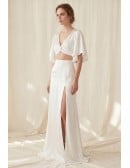 Satin Two-Piece Wedding Dress with Flutter Sleeves and Slit for Modern Beach Brides