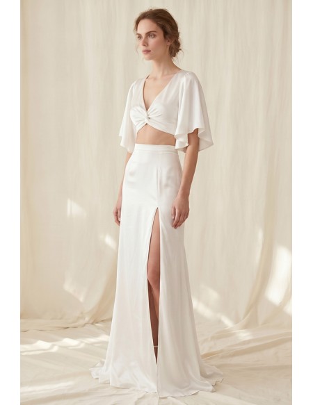 Satin Two-Piece Wedding Dress with Flutter Sleeves and Slit for Modern Beach Brides