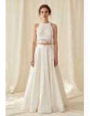 Two-Piece Lace Crop Top Wedding Dress with Satin A-Line Skirt for Modern Beach Brides
