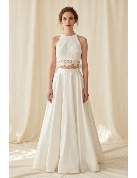 Two-Piece Lace Crop Top Wedding Dress with Satin A-Line Skirt for Modern Beach Brides