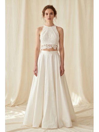 Two-Piece Lace Crop Top Wedding Dress with Satin A-Line Skirt for Modern Beach Brides