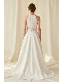 Two-Piece Lace Crop Top Wedding Dress with Satin A-Line Skirt for Modern Beach Brides