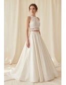 Two-Piece Lace Crop Top Wedding Dress with Satin A-Line Skirt for Modern Beach Brides