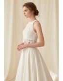 Two-Piece Lace Crop Top Wedding Dress with Satin A-Line Skirt for Modern Beach Brides