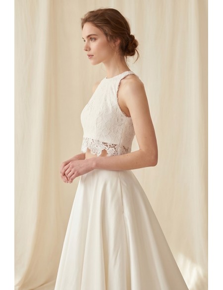 Two-Piece Lace Crop Top Wedding Dress with Satin A-Line Skirt for Modern Beach Brides