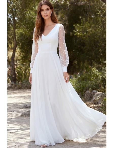 Romantic Chiffon Wedding Dress with Sheer Polka-Dot Sleeves for Outdoor Garden Ceremonies