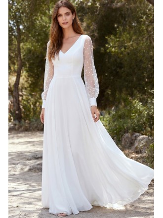 Romantic Chiffon Wedding Dress with Sheer Polka-Dot Sleeves for Outdoor Garden Ceremonies