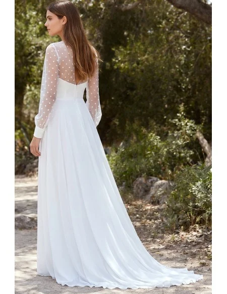 Romantic Chiffon Wedding Dress with Sheer Polka-Dot Sleeves for Outdoor Garden Ceremonies