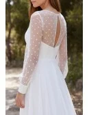 Romantic Chiffon Wedding Dress with Sheer Polka-Dot Sleeves for Outdoor Garden Ceremonies