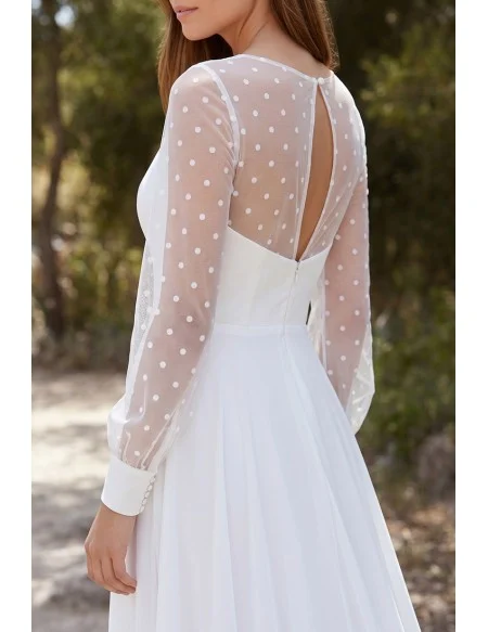 Romantic Chiffon Wedding Dress with Sheer Polka-Dot Sleeves for Outdoor Garden Ceremonies