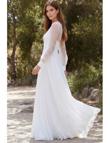 Romantic Chiffon Wedding Dress with Sheer Polka-Dot Sleeves for Outdoor Garden Ceremonies