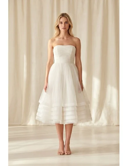 Strapless Tea-Length Tulle Wedding Dress with Layered Skirt for Courthouse Ceremonies