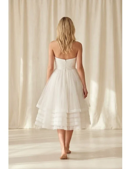 Strapless Tea-Length Tulle Wedding Dress with Layered Skirt for Courthouse Ceremonies