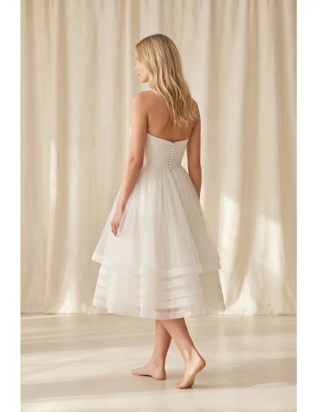 Strapless Tea-Length Tulle Wedding Dress with Layered Skirt for Courthouse Ceremonies