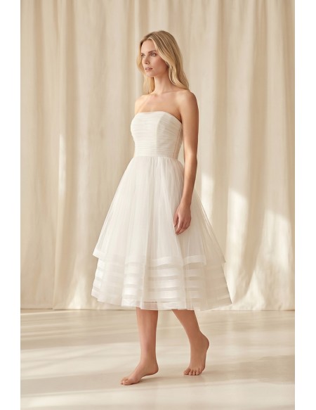 Strapless Tea-Length Tulle Wedding Dress with Layered Skirt for Courthouse Ceremonies