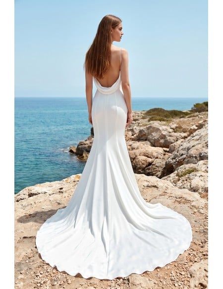 Satin Cowl-Neck Backless Wedding Dress for a Modern Beach Ceremony